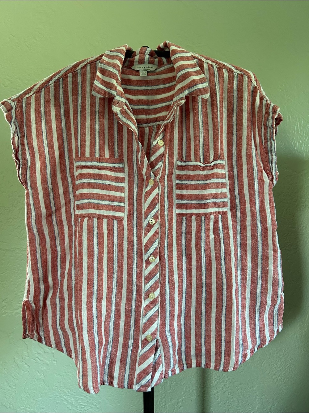 Lucky Brand Red & White Striped Button-Front Top Linen cotton